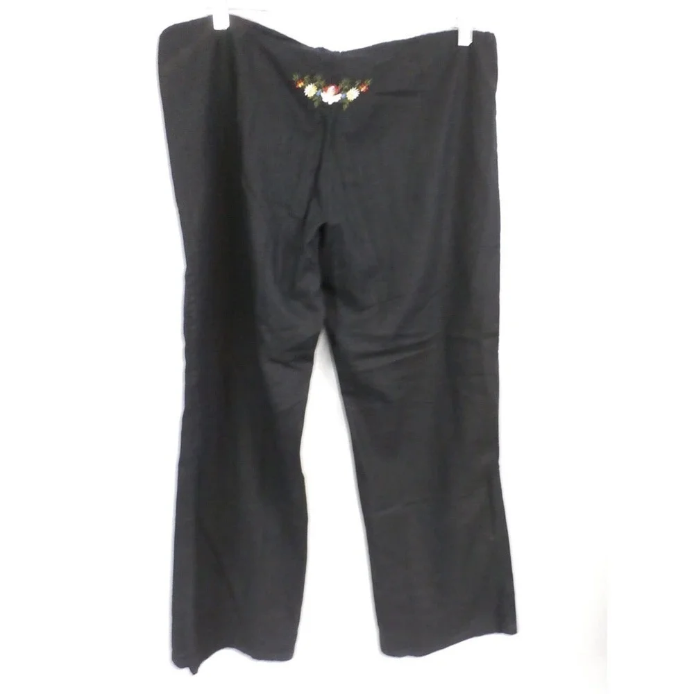DEREK HEART Black Linen Pants XL / 32 Drawstring Wide Straight Leg Embroidered